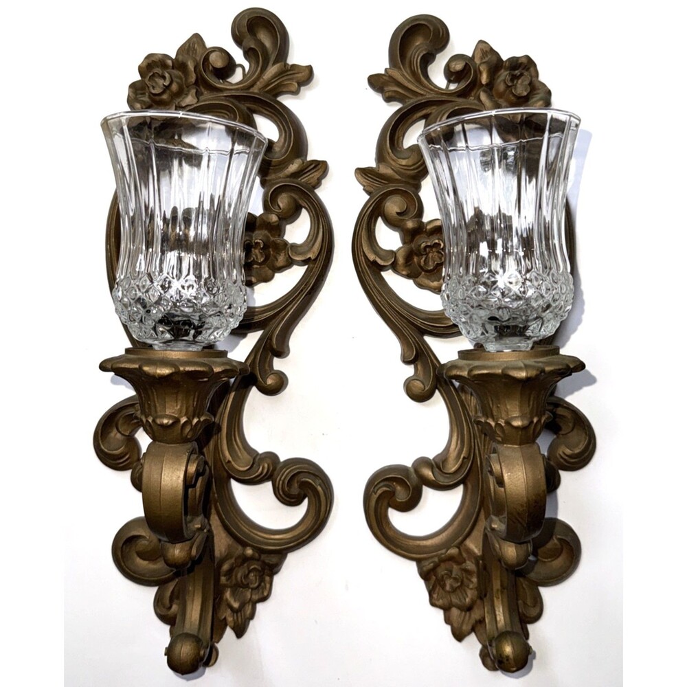 VTG Pair HOMCO Gold Ornate Wall Sconce Candle Holder  4118 Hollywood Regency 15"